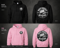 White Knuckle Recovery black and Classic Pink Gildan 18500 hoodies shown front and back