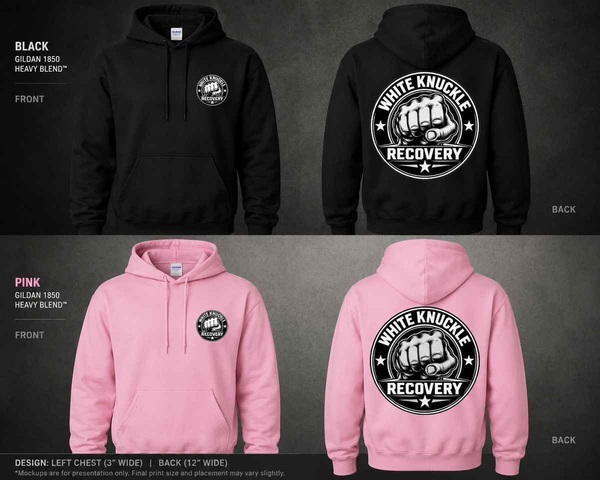 White Knuckle Recovery black and Classic Pink Gildan 18500 hoodies shown front and back
